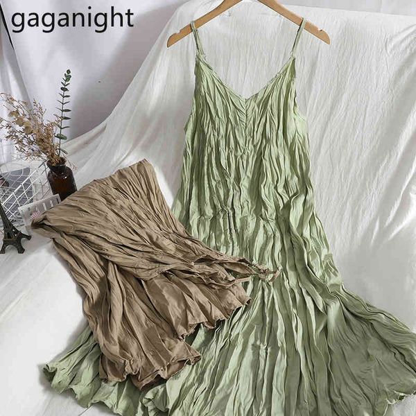 

gaganight ruched summer slip dress solid v neck spaghetti strap long dresses for women elegant slim party dresses vestidos 210519, Black;gray