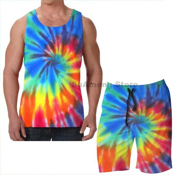 

men's tracksuits summer funny print men tank women i love tie dye beach shorts sets fitness vest, Gray