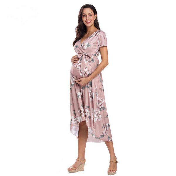 Kadınlar Yüksek-Düşük Ödenecek Wrap Annelik Elbise Bel Kemeri Çiçek Baskı V Boyun Diz Boyu Elbise Bebek Duş Giyim Giyen G220309