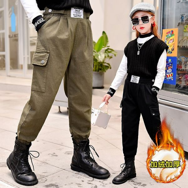 

girls pants korean version of the workshop 2021 new children's autumn and winter plus velvet thick foreign pants big children trousers, Blue