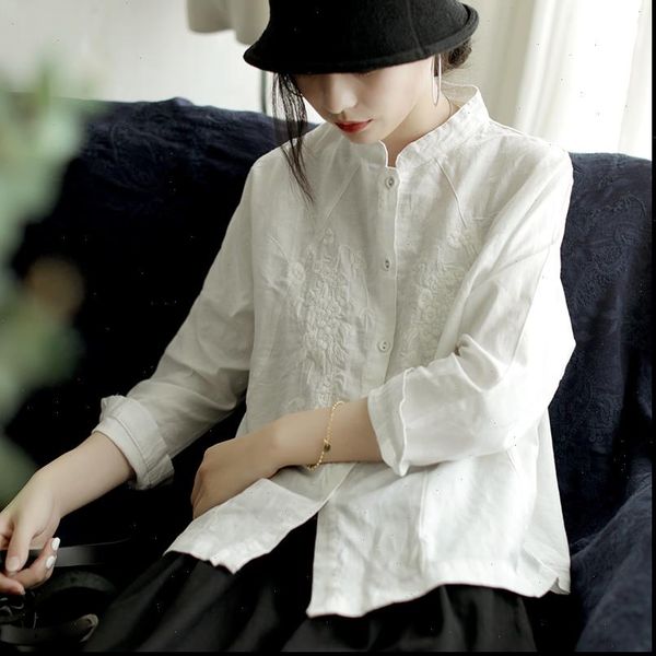 

casual embroidery vintage clothes women shirt full sleeve solid color stand collar button, White