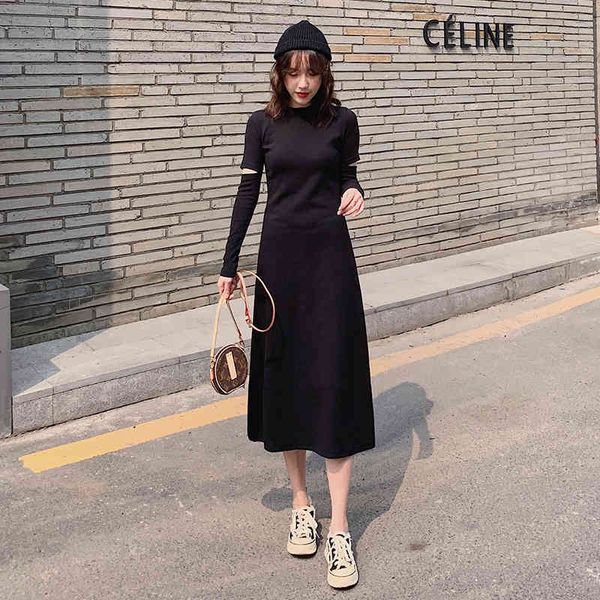 

autumn winter knits woman's elegant maxi thick around the neck long hole party e4xd, Black;gray