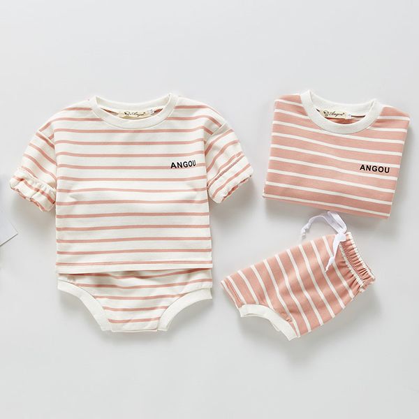 Primavera Autunno Infantile Neonate Ragazze Manica lunga T-shirt a righe + Pantaloni da pane Set di abbigliamento Bambini Ragazzo Ragazza Completo di vestiti 210429