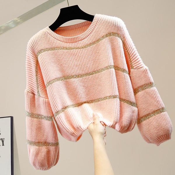 

women's sweaters jumper retro lantern sleeves bright silk stitching loose striped pullover all-match knitwear, White;black