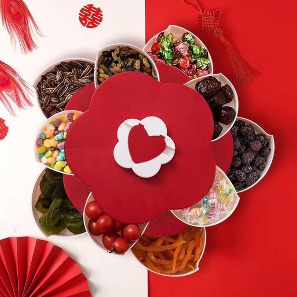 

2-layer rotating petal candy box plastic snack tray case nut storage rotation dried fruit plate wedding gift home organizer bottles & jars