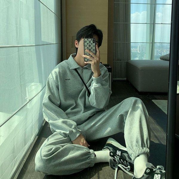 

men's tracksuits sports leisure suit for men 2021 autumn winter handsome plus velvet thick sets trendy korean sweatshirt + trousers two, Gray