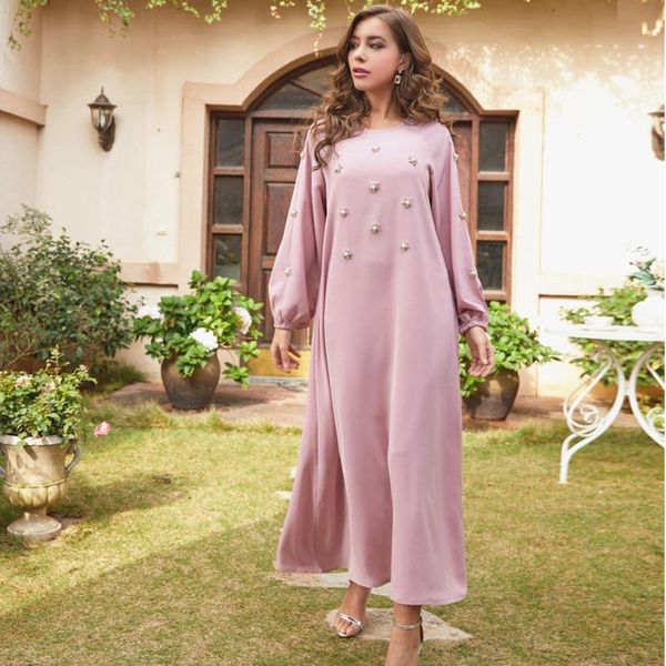 

ethnic clothing ba717 pink handmade dress rhinestone pearl long sleeve elegant muslim abaya kaftan morocco robe, Red