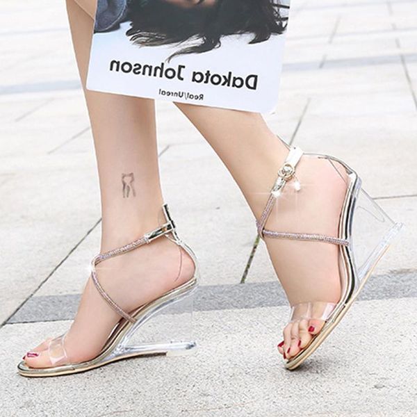 

dress shoes crystal wedge high heels open toe women large size women's pvc sandals, Black