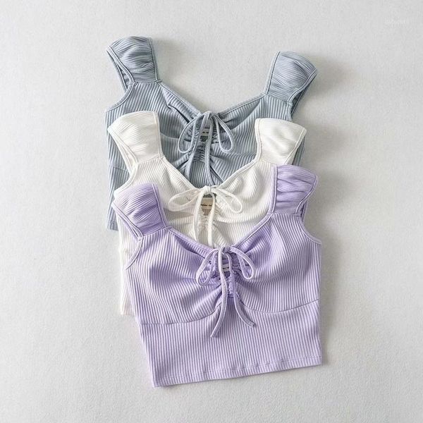 

women's t-shirt 2021 summer v-neck sleeveless t-shirts women vintage lace up solid color femme tees slim drawstring clothing mujer, White