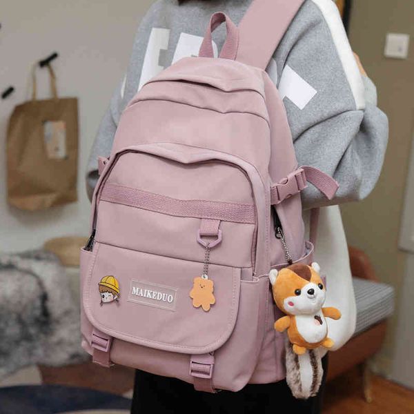 

2021 badge solid color fashion women's backpack large-capacity waterproof school lightweight casual student bags