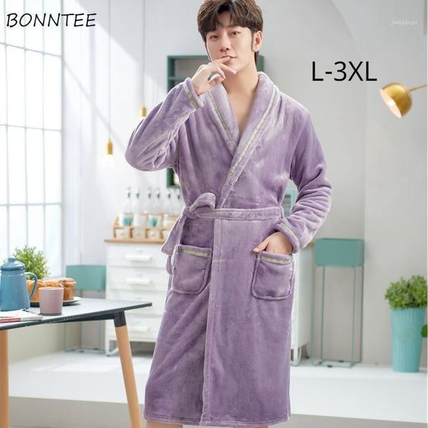 

robes men oversize 3xl sashes pockets long sleeve o-neck plus velvet thicker flannel winter warm korean style lounge simple chic men's, Black;brown