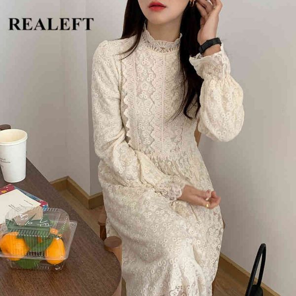 

women embroidery lace dress elegant korean style long sleeve natural waist vintage dresses female 210428, Black;gray
