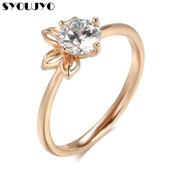 

wedding rings syoujyo simple crystal flower bride women's ring 585 rose gold natural zircon easy matching romantic gift for girlfriend, Slivery;golden