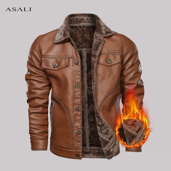 

winter jackets men pu leather jacket casual warm coat 2021 turn-down fur fleece overcoats plus size mens brand clothing men's, Black;brown