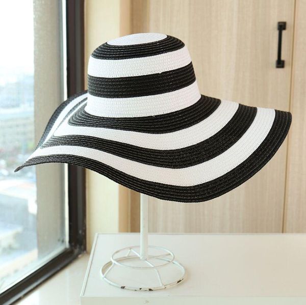 

wide brim hats women's casual straw girls outdoor striped patchwork paper sun summer flap large beach cap gorras, Blue;gray