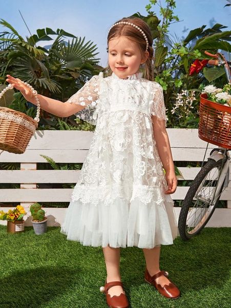 

toddler girls flutter sleeve frilled neck mesh hem lace dress she, Red;yellow
