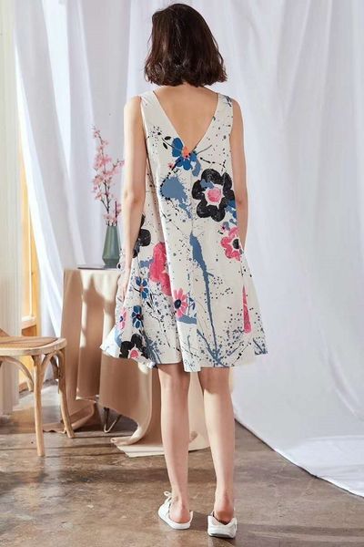 

casual dresses dress 100%cotton summer women v-neck color block flower print pocket patchwork sleeveless a-line white yellow dress l 4bf1, Black;gray