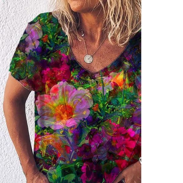 

women's t-shirt printed v-neck short sleeves 2021 summer loose with floral print fashion oversized tees for women, White