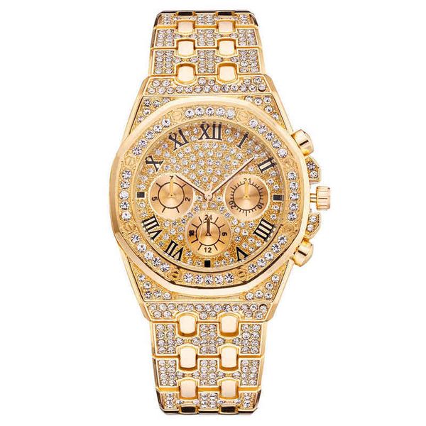 Мужчины замороженные часы роскошные полные алмазные золотые из нержавеющей стали кварцевые наручные часы часы подарок Relogio Masculino 211231
