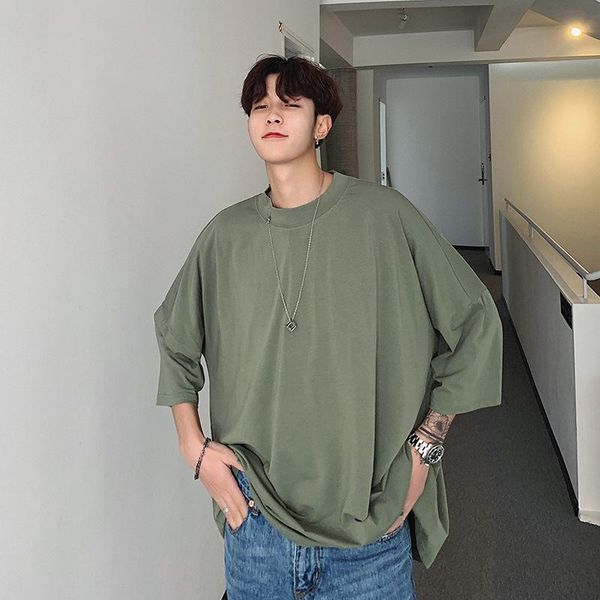 

men's t-shirts 2021 summer solid color three-quarter sleeve loose t-shirt korean trend oversized t shirt men clothing, White;black