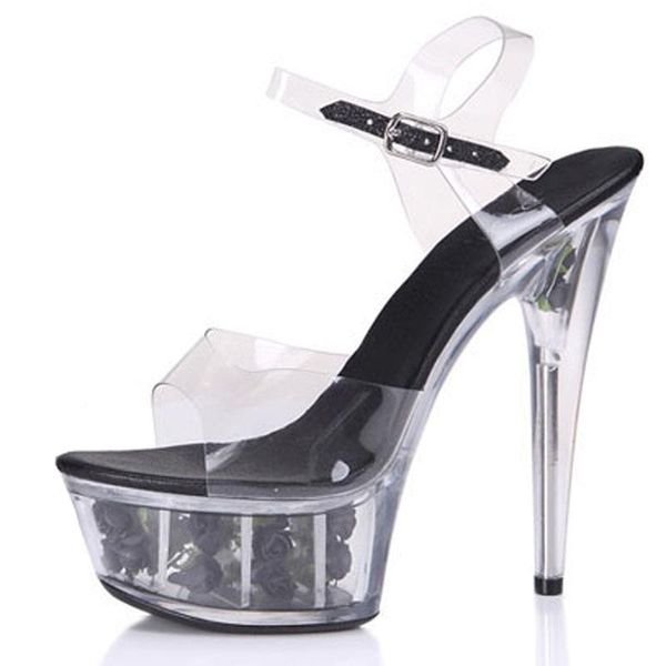 

dance women pole high heels platform transparent stiletto nightclub model catwalk sandals fashion ladies single shoes 15cm dress, Black