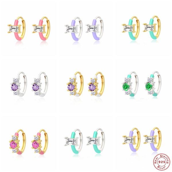 

hoop & huggie gs 925 sterling silver rainbow zircon earrings colorful enamel drop oil cartilage piercing fine jewelry, Golden;silver