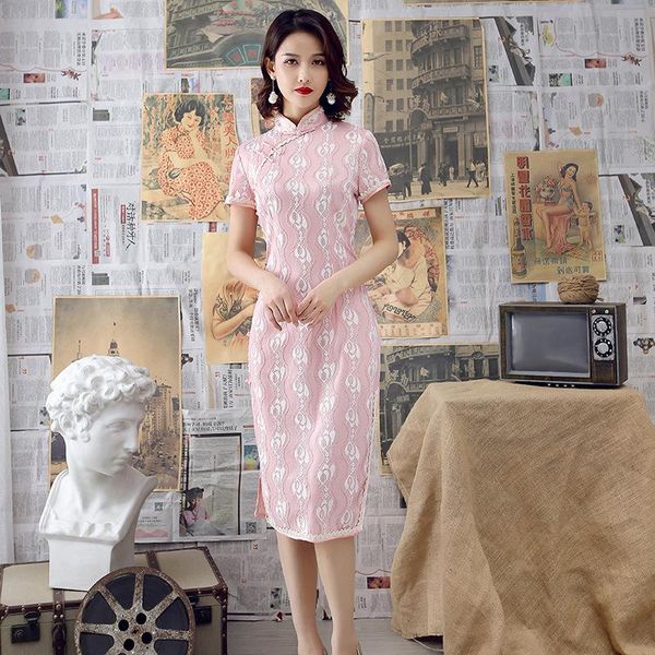 

sheng coco pink chinese dress cheongsam qipao lace traditional chipao elegant women fashion plus size xl ethnic clothing, Red