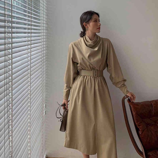 

blends runway autumn female khaki cotton sleeve bat dressed in high-quality party dress, Black
