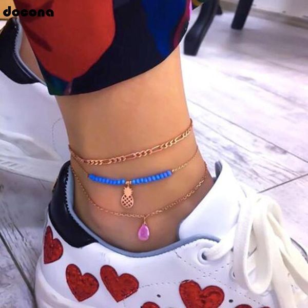 

anklets beach outfits blue beads crystal gem gold chain pineapple beaded ankle bracelet set for women charm foot jewelry 8054, Red;blue