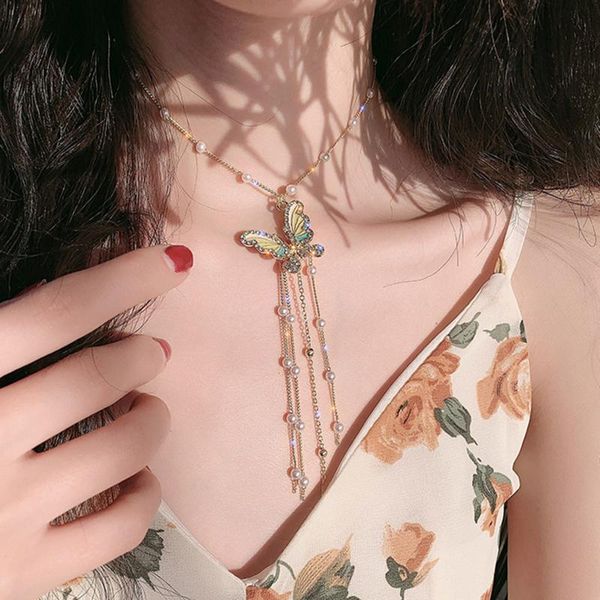 

beautiful butterfly pendant necklaces for women exquisite long tassel pearl weddings jewelry party gifts, Silver