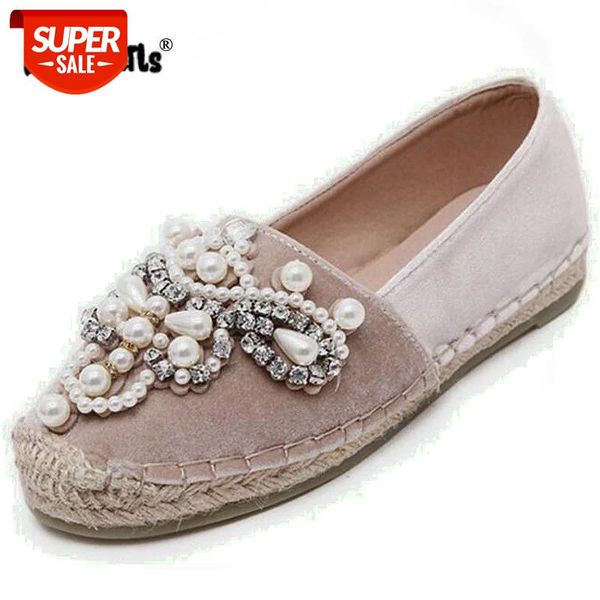 

dropship spring autumn women loafer round toe espadrilles pearl comfortable hemp bottom women shoes slip on zapato mujer #qo6k