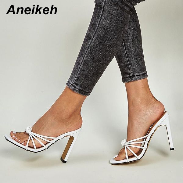 

aneikeh zapatos de mujer women's shoes fashion classics sweet narrow band pu solid stiletto heels slippers 2021 summer white, Black
