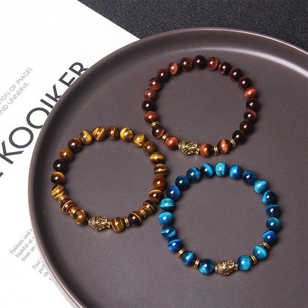 

beaded, strands buddha head bracelets men vintage elastic prayer jewelry natural chakra tiger eye stone beads bangle gold charm pulsera wome, Black
