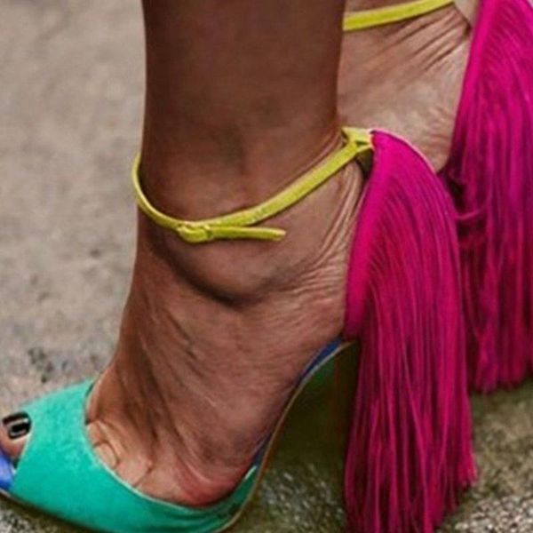 

sandals tassel women's summer high heels candy color thin peep toe ladies party wedding shoes famale pumps 2021, Black