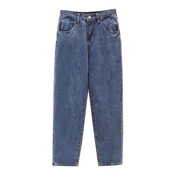 

women's jeans casual fashion ladies trousers high waist denim straight leg female retro harem pocket blue spring plus size