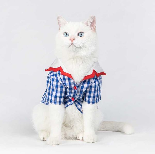 

cat costumes college style navy collar blue check shirt dog autumn and winter law fighting clothes