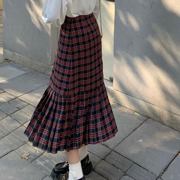 

skirts autumn winter women long plaid skirt fashion vintage red pleated japanese style female casual 2021, Black