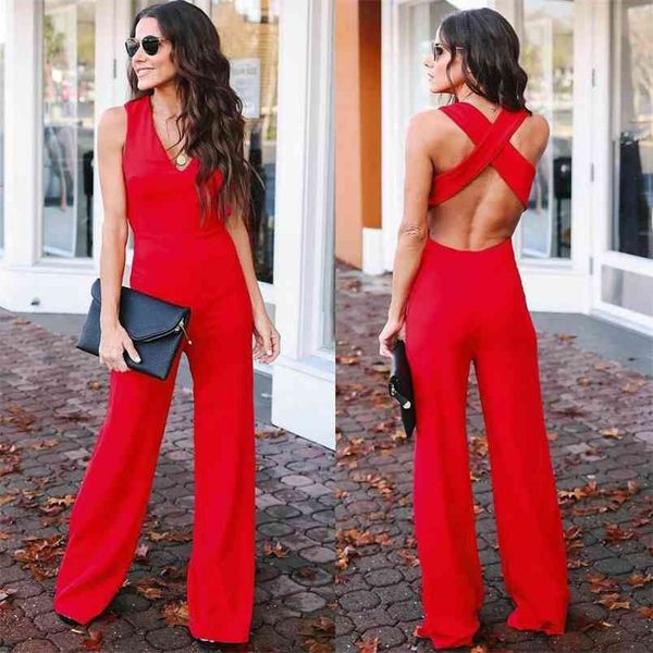 Mulheres Sexy V Neck Sem Mangas Verão Jumpsuit Vermelho Senhora Sólida Romper Clube Clubwear Playsuit Casual Backless Leg Wide Perna 210517