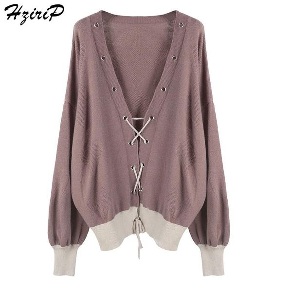 

women's sweaters hzirip women lace up 2021 knitted cardigans autumn fashion long sleeve v-neck solid knitwear ladies clothing, White;black