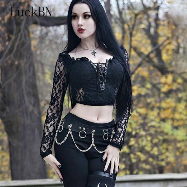 

women's t-shirt goth lace bandage black vintage see through long sleeve t shirt women aesthetic elegant bodycon 2021, White