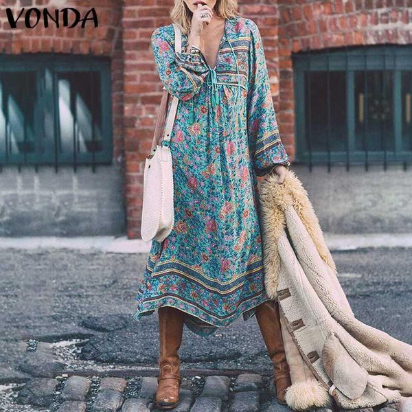 

casual dresses women summer dress vintage long sleeve v neck floral print midi-calf beach sundress 2021 vonda robe, Black;gray