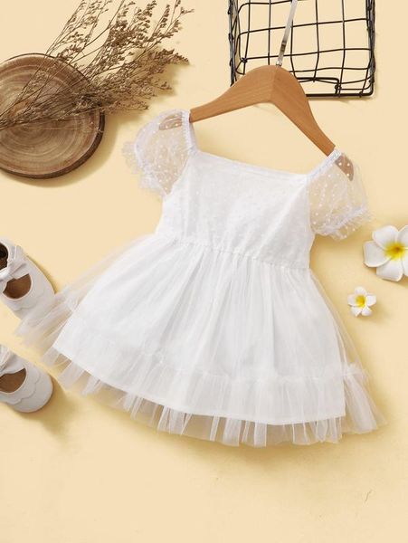 

baby girl dobby mesh overlay square neck dress she, Red;yellow