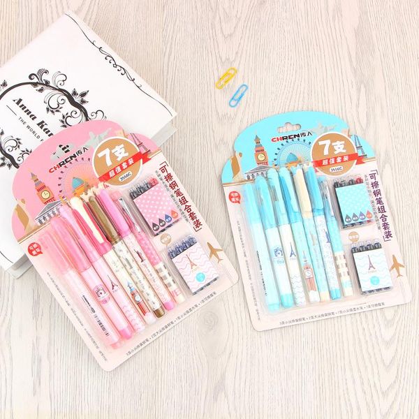 

creative erasable 7pcs fountain pen with 8pcs ink set stationery for writing korean gift school supplies pens