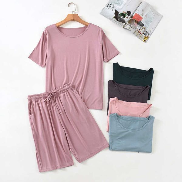 

summer modal pajamas with shorts women's short sleeve homewear female pajamas set women home clothes lounge wear modal home suit 210713, Black;red