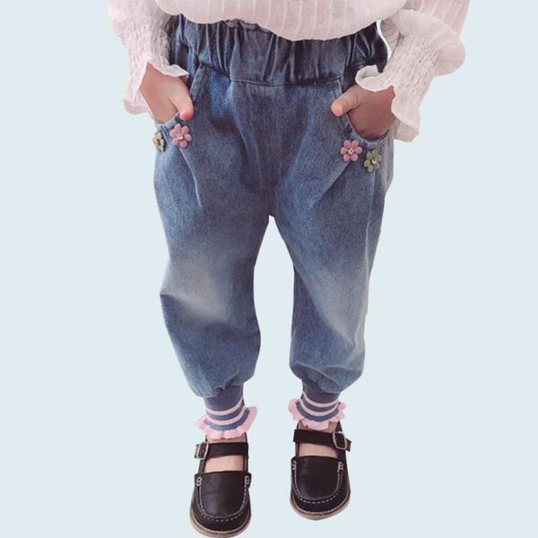 

jeans for girls flower pattern girl casual kids patchwork baby clothes, Blue