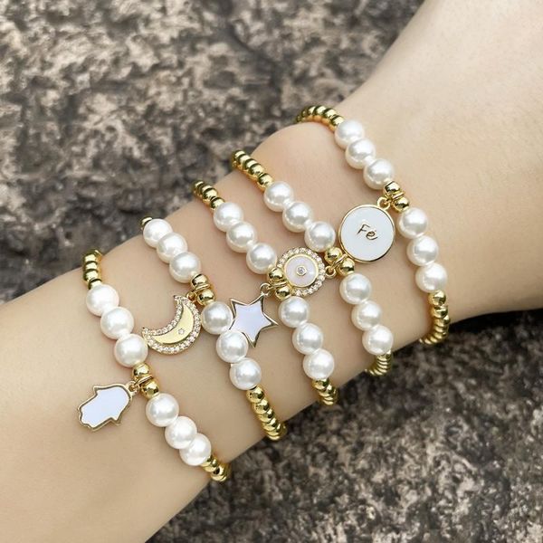 

charm bracelets eyika trendy handmade white enamel gold plated copper bead pearl elastic bracelet moon star cross hamsa eye women charms ban, Golden;silver