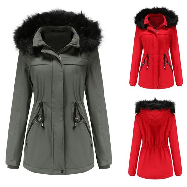 

women's wool & blends thickened overcoat plus size warm trendy winter fleece lined solid color hooded snow coat jacket outwear with sid, Black