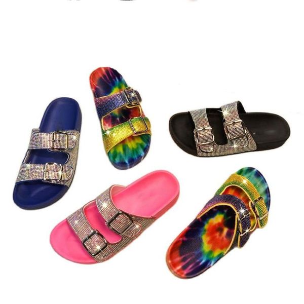 

slippers 2021 fashion european and american color double button diamond flat bottom sandals for women in summer, Black