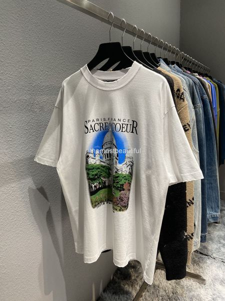 

women's t-shirt spring and summer high version b paris castle large print pullover round neck loose t-shirt short sleeve, White
