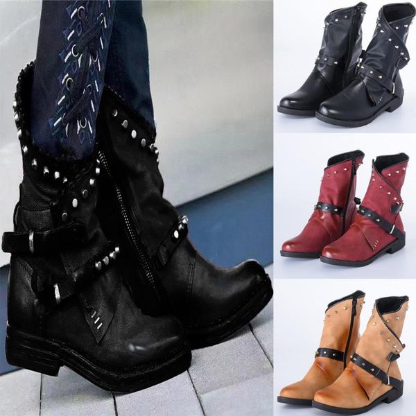 

boots women's 2021 women punk fashion motorcycle combat ankle cool cover pleated zipper belt winter zapatos mujer #aug, Black